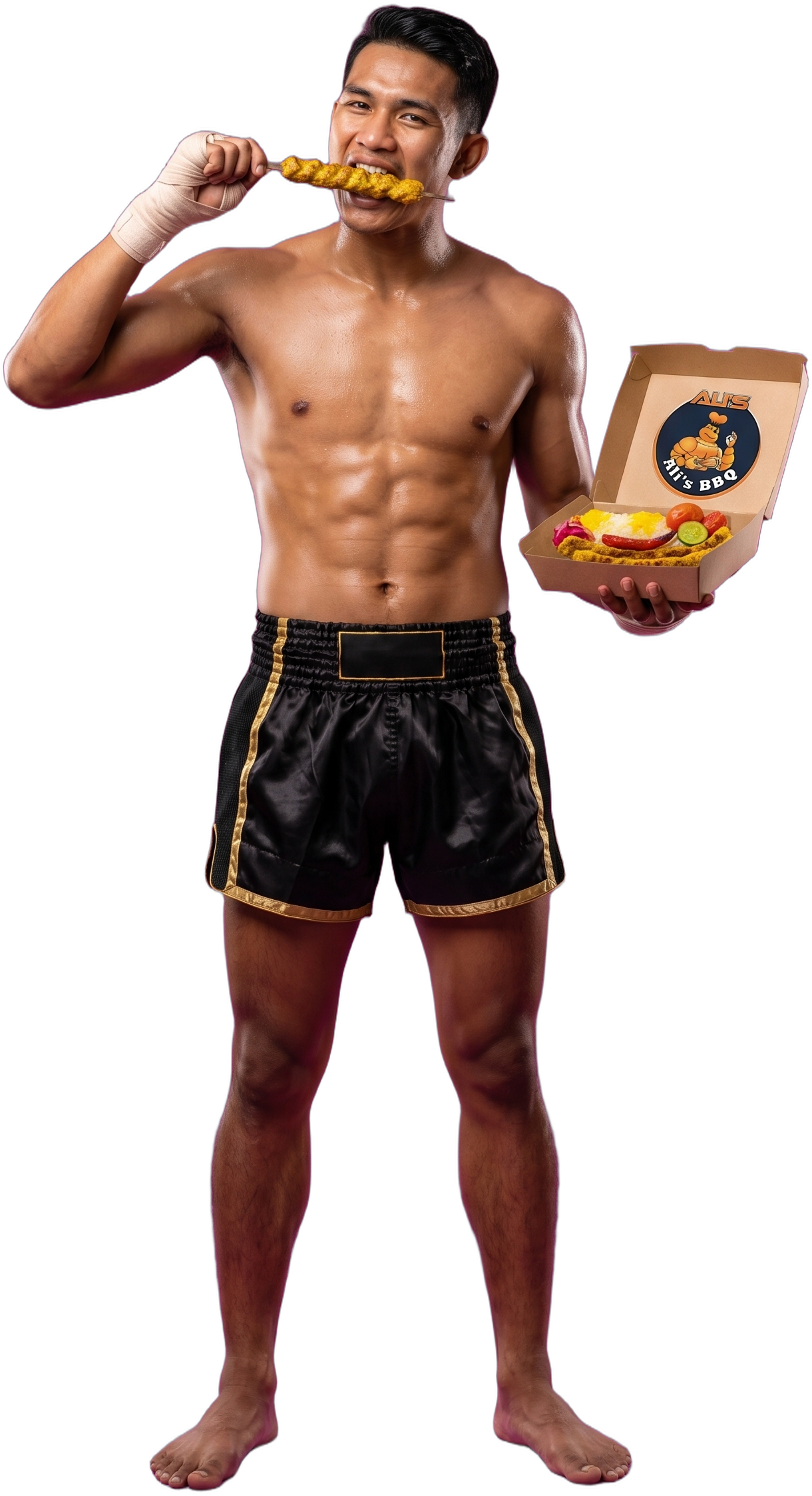 Muay Thai champion eating an Ali's BBQ kebab from the branded box