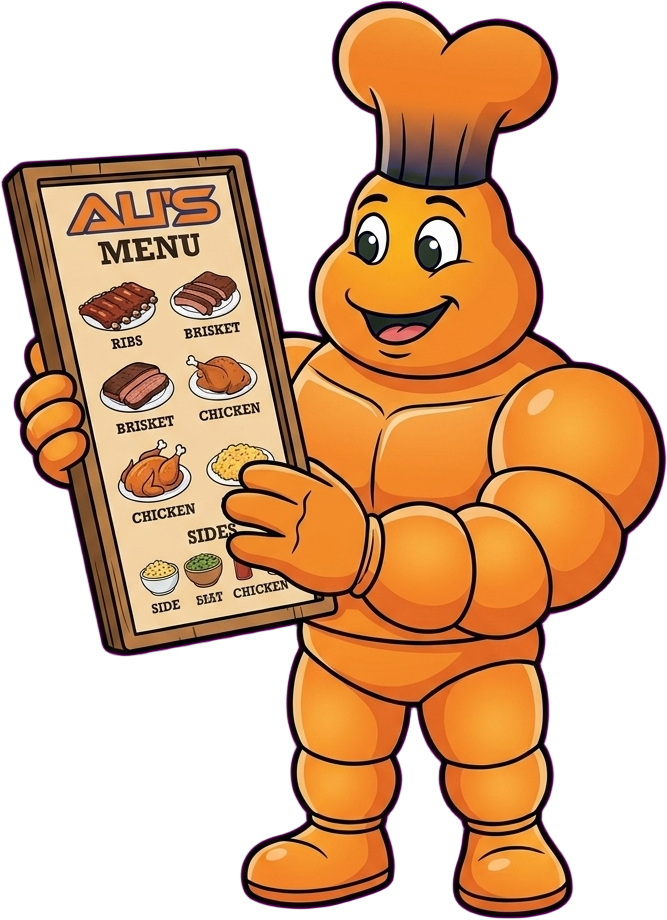 Ali's BBQ mascot holding the menu