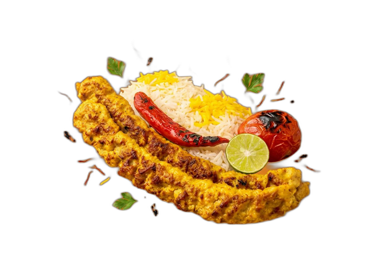 Chicken chelo kebab over saffron rice